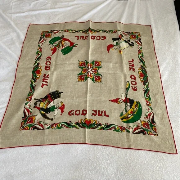 Vintage Norwegian Merry Christmas God Jul Linen Square Table Cloth - Picture 6 of 7